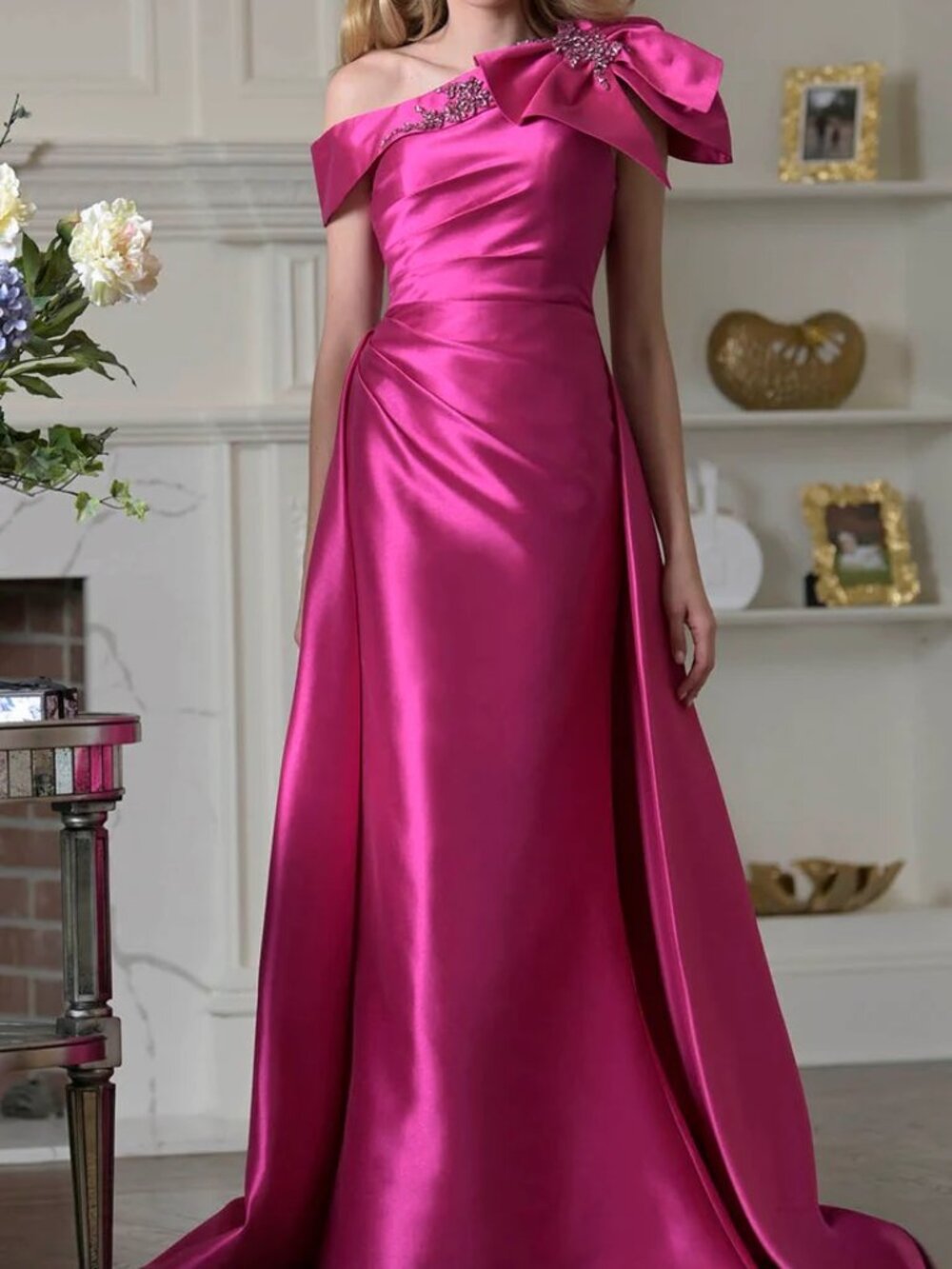 NWT Marsoni by Colors MV1408 Beaded Shoulder Bow Overskirt Dress Fuchsia size 20